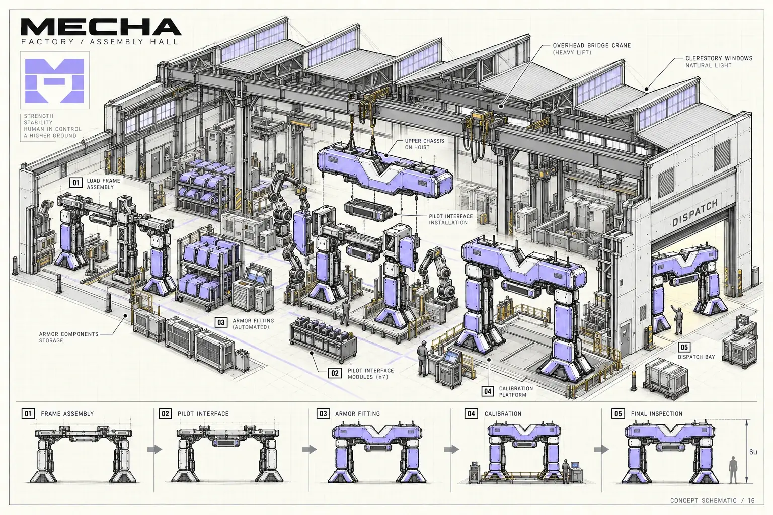 Concept schematic of the mecha factory assembly hall: an overhead crane lowering an upper chassis onto a frame, robot arms fitting armour, a rack of pilot-interface modules, a calibration platform, and a finished suit walking out of the dispatch bay; a strip below shows the five stages from frame assembly to final inspection.